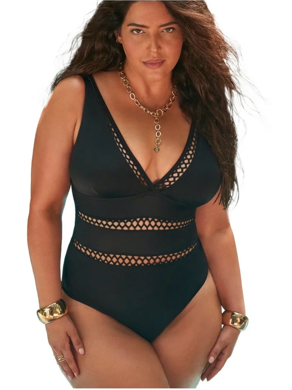 Swimsuits For All Women's Lattice Plunge One Piece Swimsuit Sz 16 Black Padded